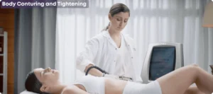 A certified aesthetic doctor performing skin contouring treatment on a female patient