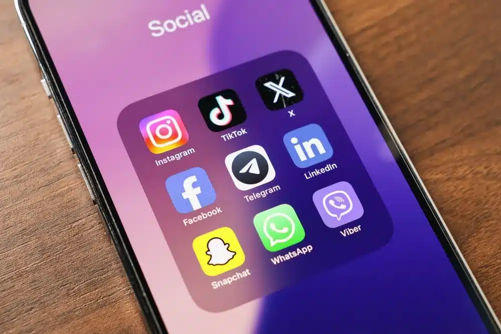 smartphone screen with top social media apps