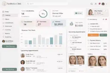 Aesthetics clinic software dashboard with patient management, bookings, treatments, and revenue overview.
