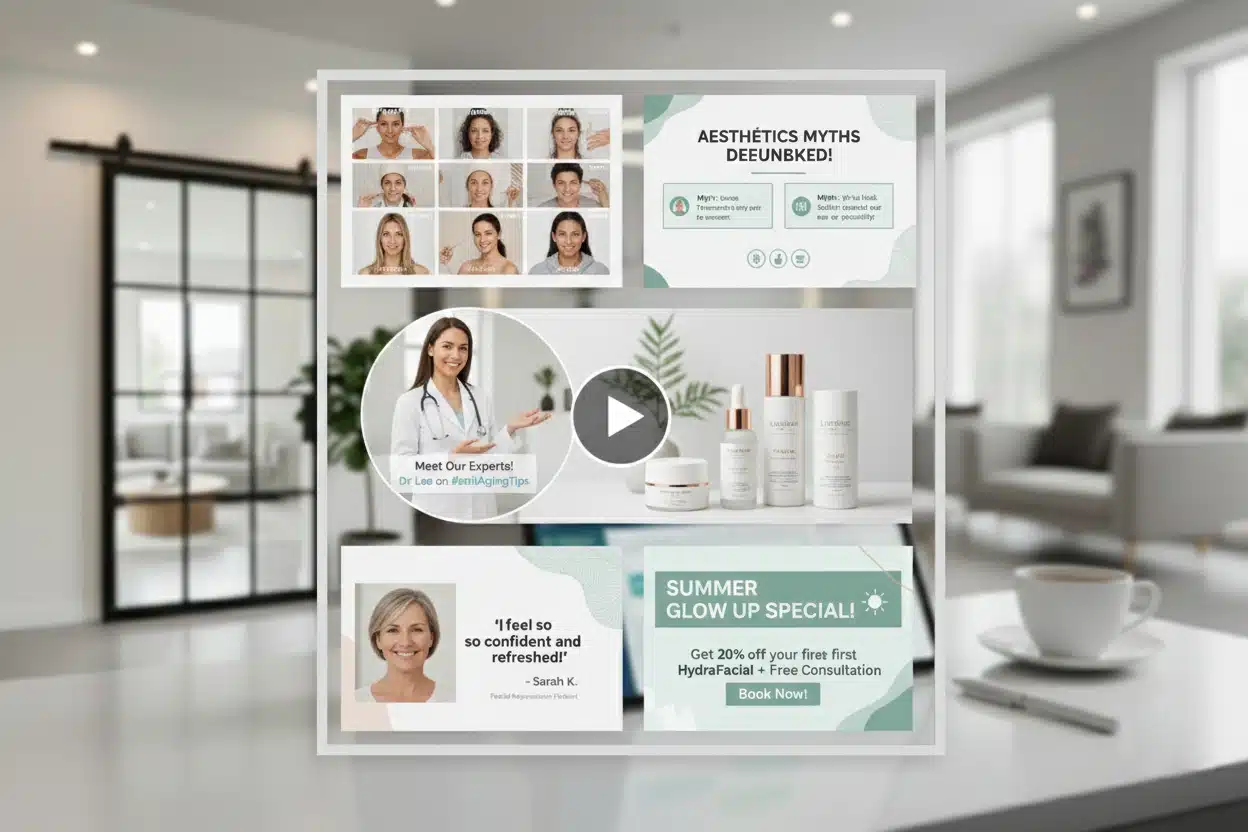 Aesthetic clinic marketing content including skincare products, testimonials, and expert advice.
