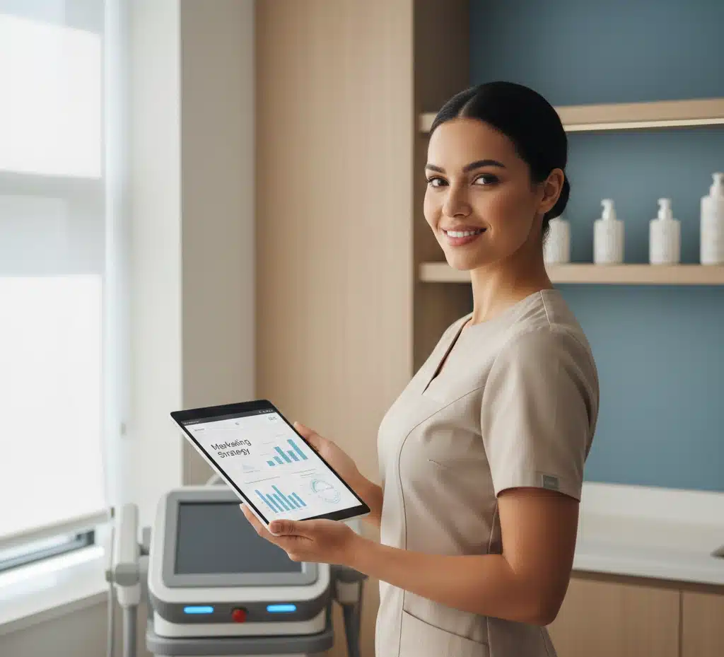 A confident female medical professional holding a digital tablet.