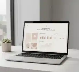 Laptop displaying social media strategy for an aesthetic clinic.