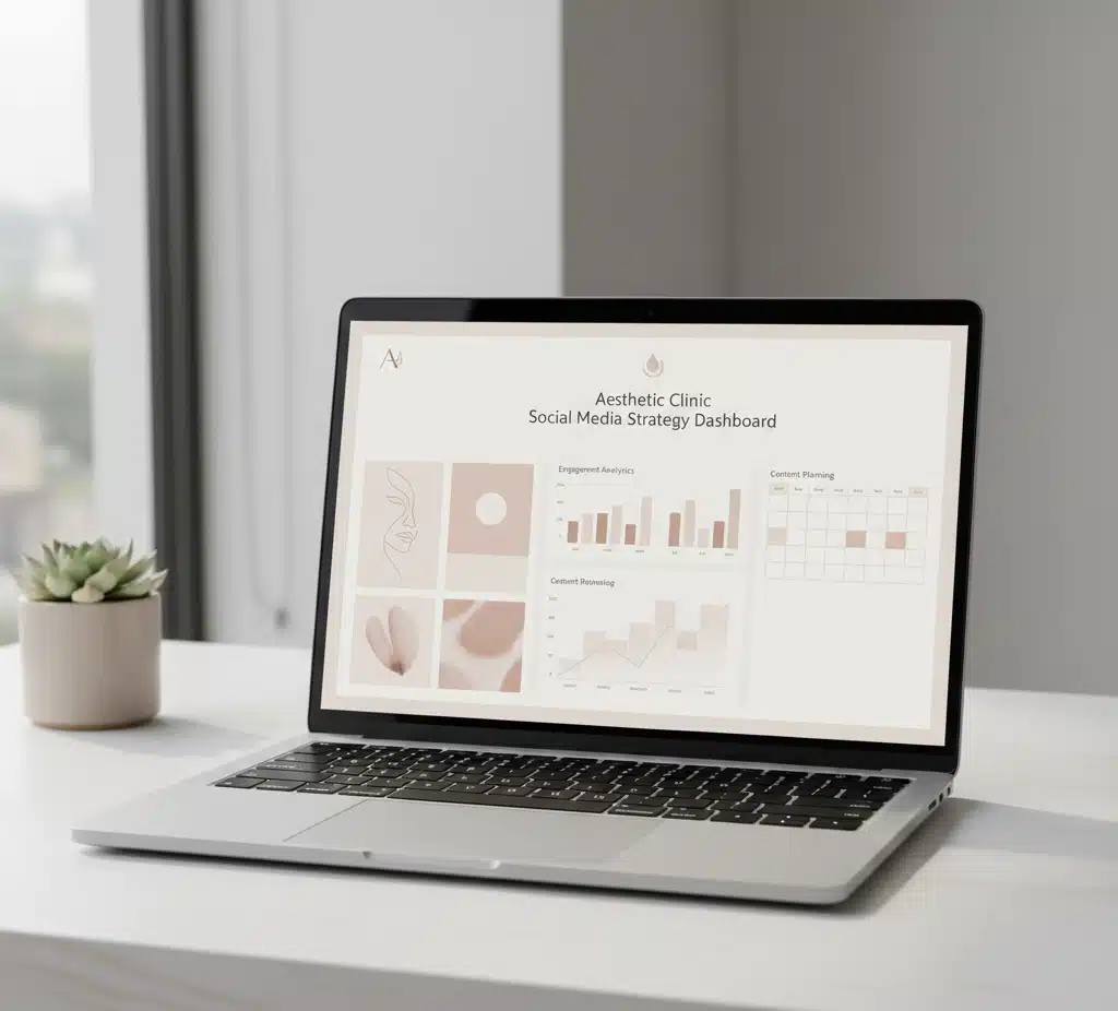 Laptop displaying social media strategy for an aesthetic clinic.