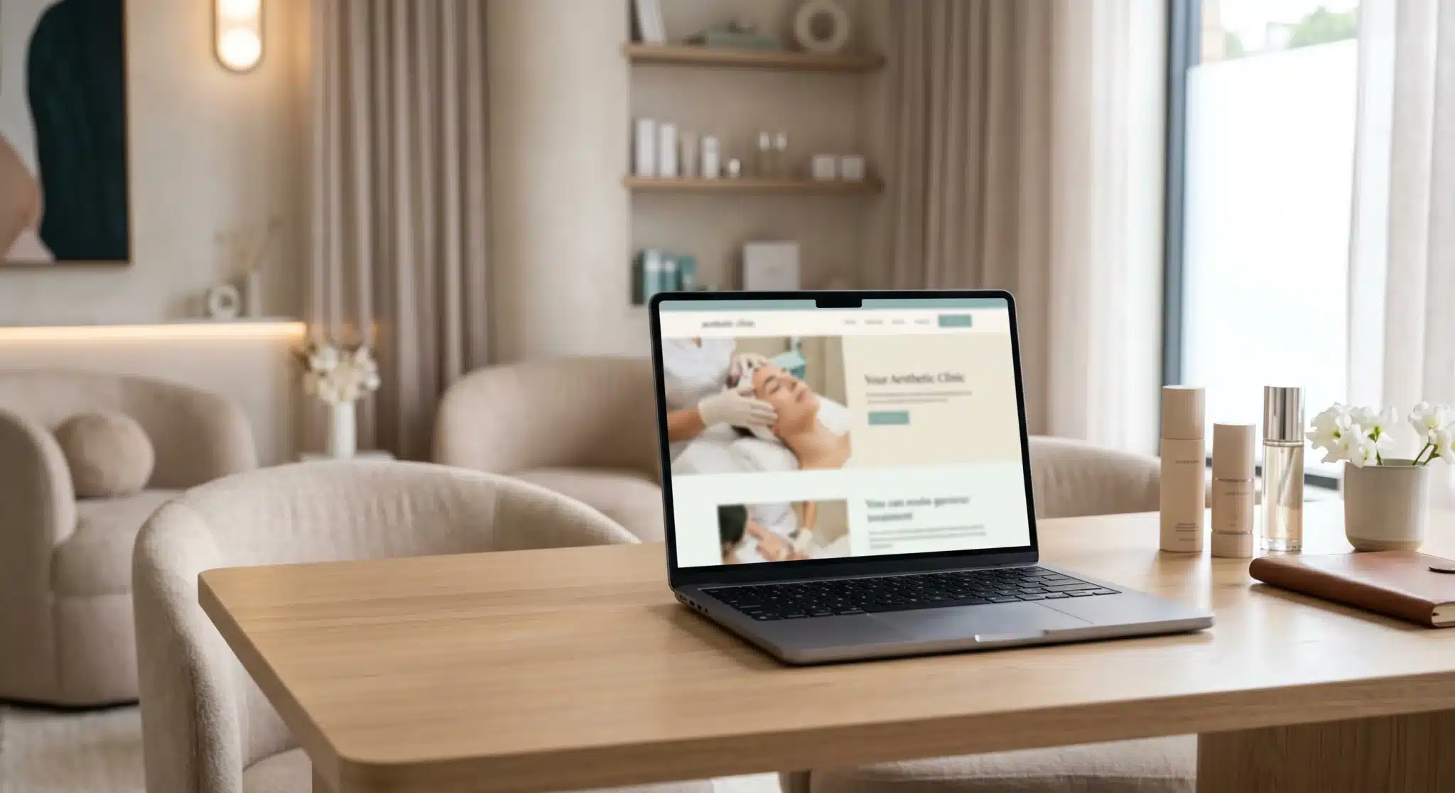  laptop placed on a clean modern desk in a bright, luxurious aesthetic clinic