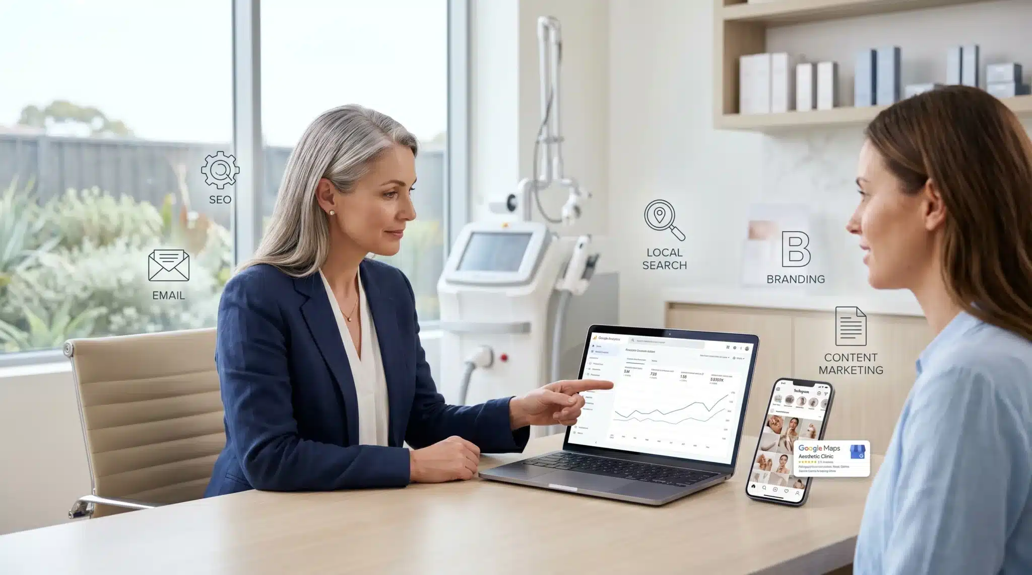 modern aesthetic clinic interior with a female practitioner consulting a client