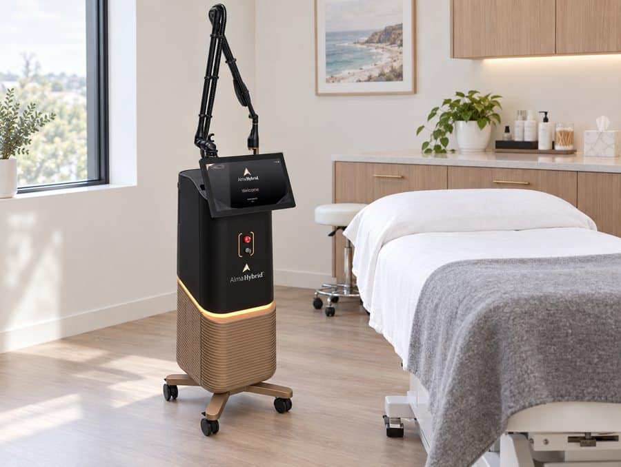 Alma Hybrid laser system beside a treatment bed in a clinic room