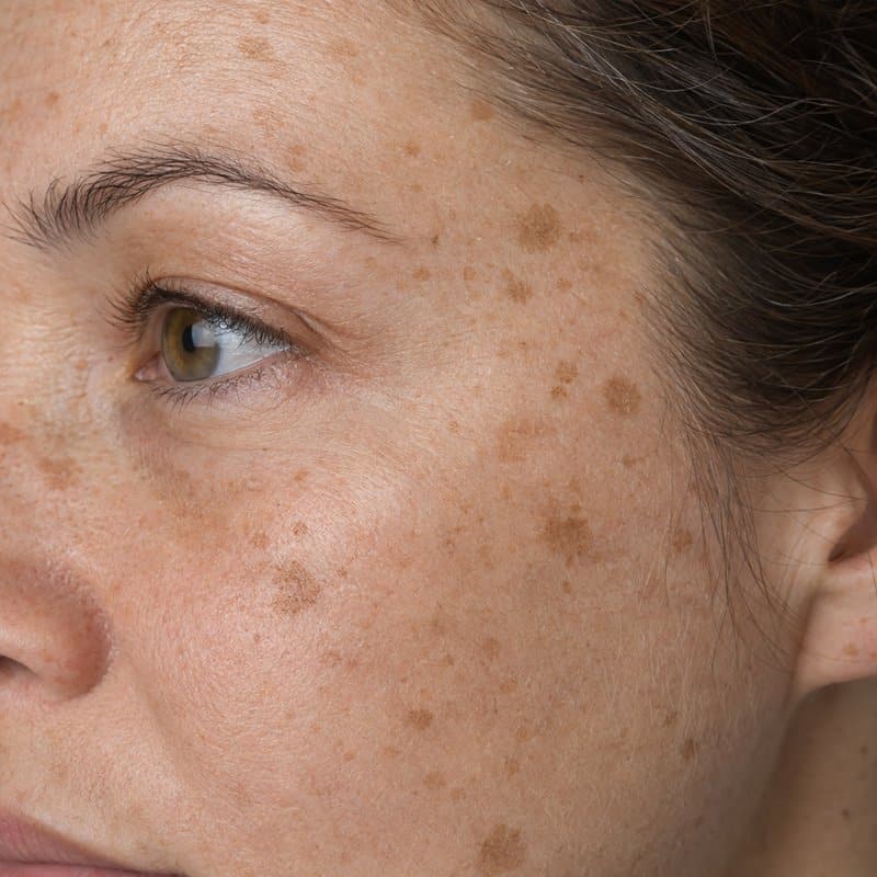 Benign pigmented lesions, flat light-brown solar lentigines on the skin