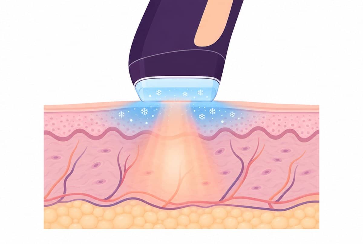 Alma Iris Dye-VL applicator with its chilled contact tip cooling the skin as the light pulse reaches the dermis