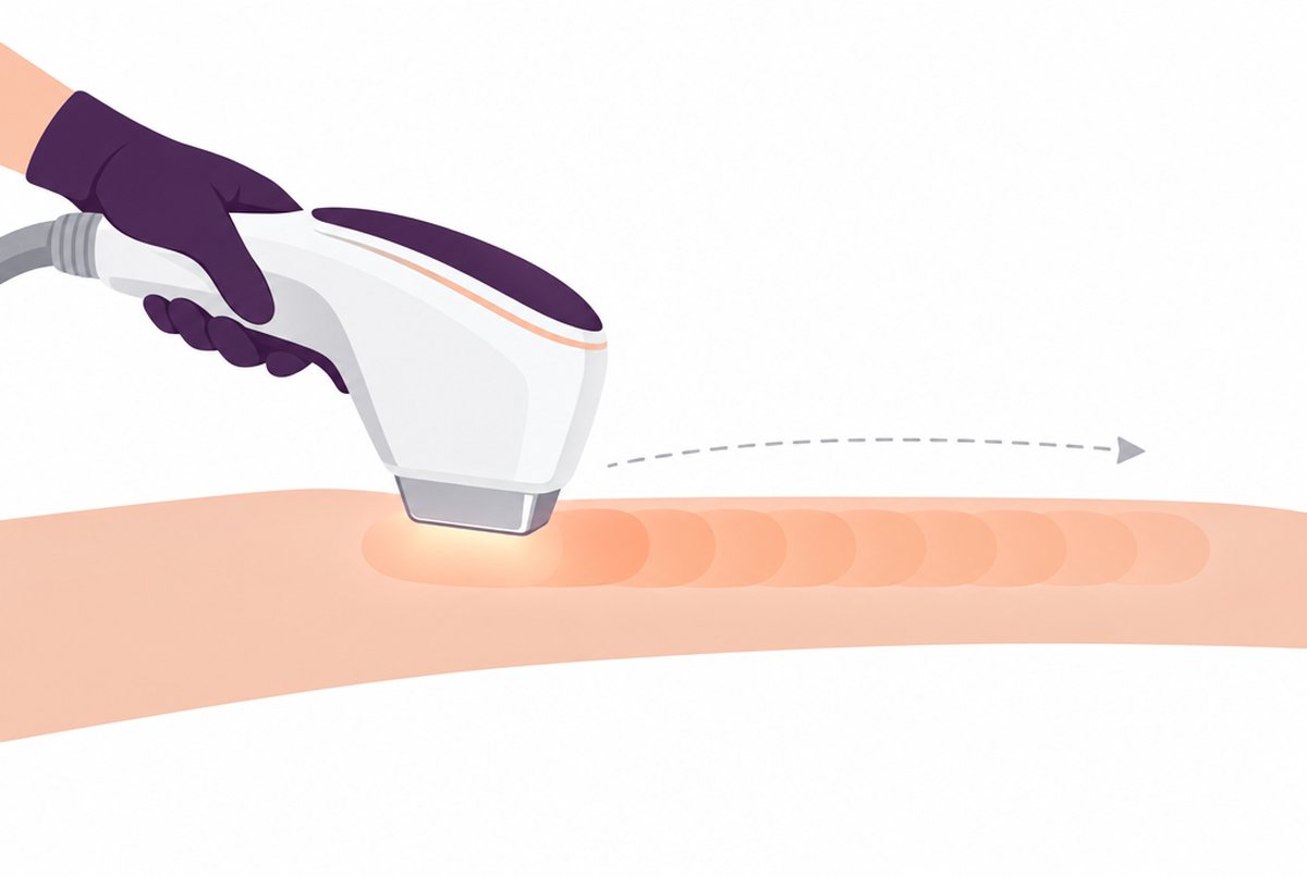 Alma Iris Dye-VL applicator gliding across the skin in motion, leaving a continuous trail of overlapping pulses